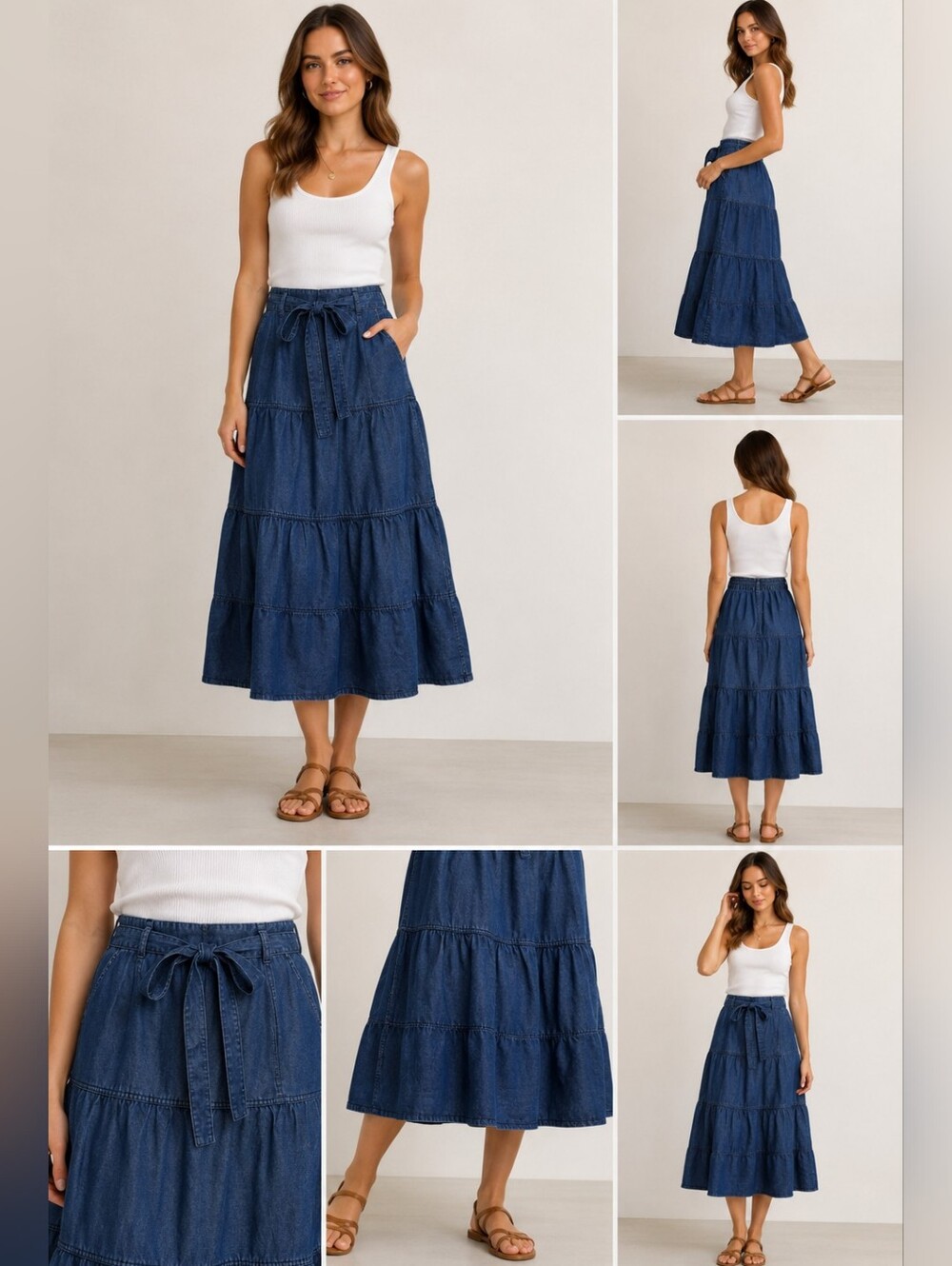 Dark Blue Tiered Denim Maxi Skirt Sash Cottagecore Coastal Cowgirl Americana M